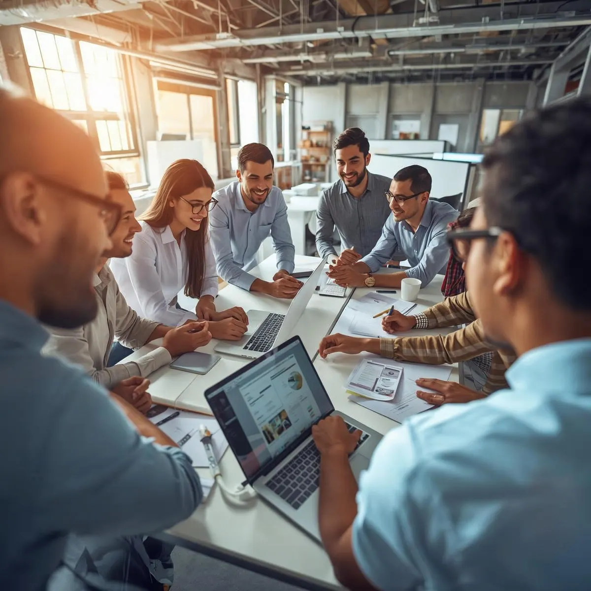 Dirigeant et équipe commerciale d'une PME réunis autour d'un plan d'actions commercial