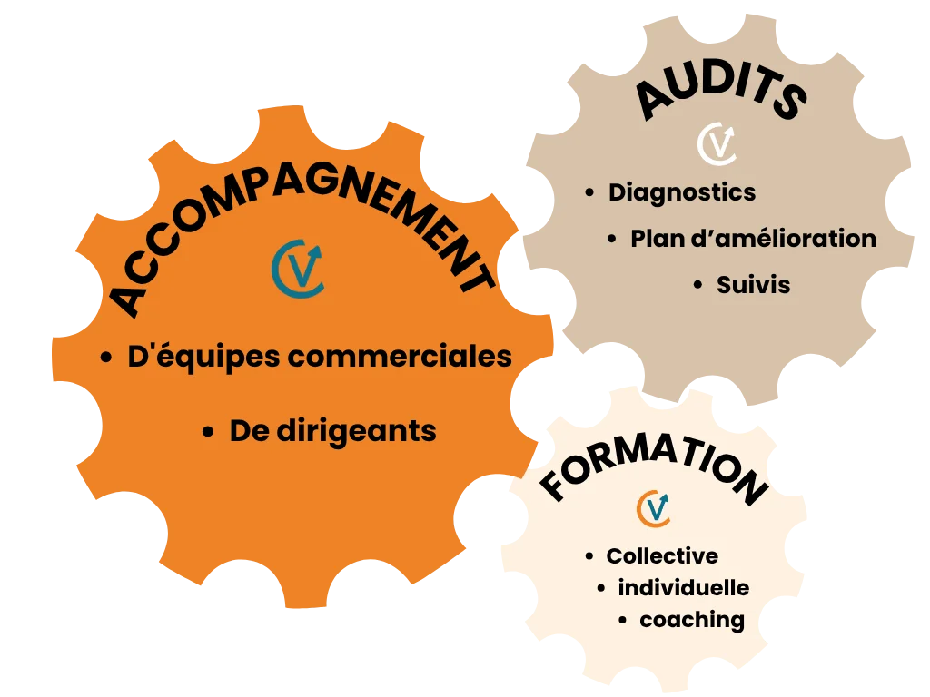 Les trois offres de CODEV CONSEIL : accompagnement des équipes commerciales et des dirigeants, audits (diagnostics, plan d'amélioration, suivis) et formation (collective, individuelle, coaching)